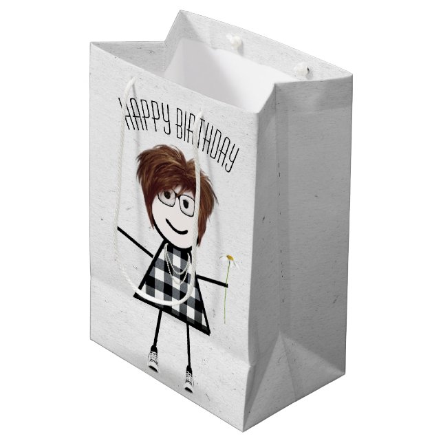 Sac Cadeau Moyen Anniversaire Stick Girl avec marguerite (Devant Angle)