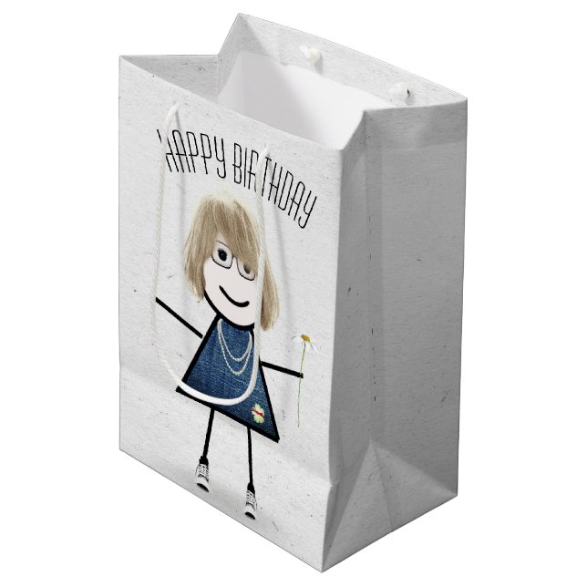 Sac Cadeau Moyen Anniversaire Stick Girl avec marguerite (Devant Angle)