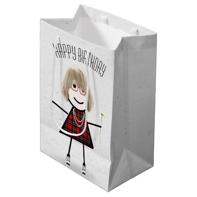 Sac Cadeau Moyen Anniversaire Stick Girl avec marguerite (Devant Angle)
