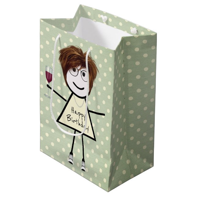 Sac Cadeau Moyen Anniversaire Stick Girl sur Pois (Devant Angle)