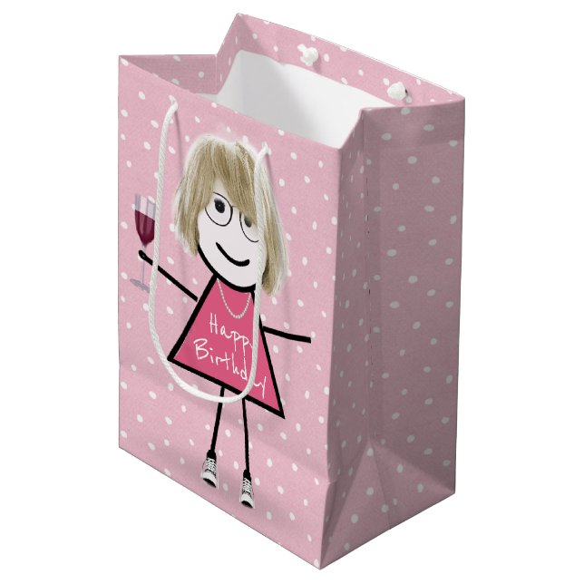 Sac Cadeau Moyen Anniversaire Stick Girl sur Pois (Devant Angle)