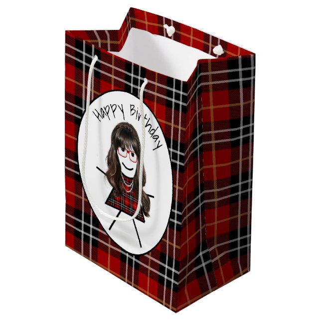Sac Cadeau Moyen Anniversaire Stick Girl sur Tartan Plaid (Devant Angle)