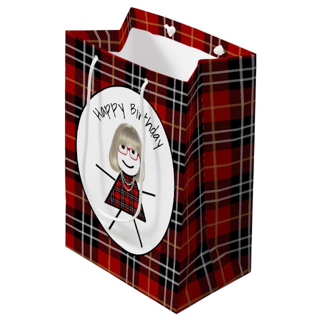 Sac Cadeau Moyen Anniversaire Stick Girl sur Tartan Plaid (Devant Angle)