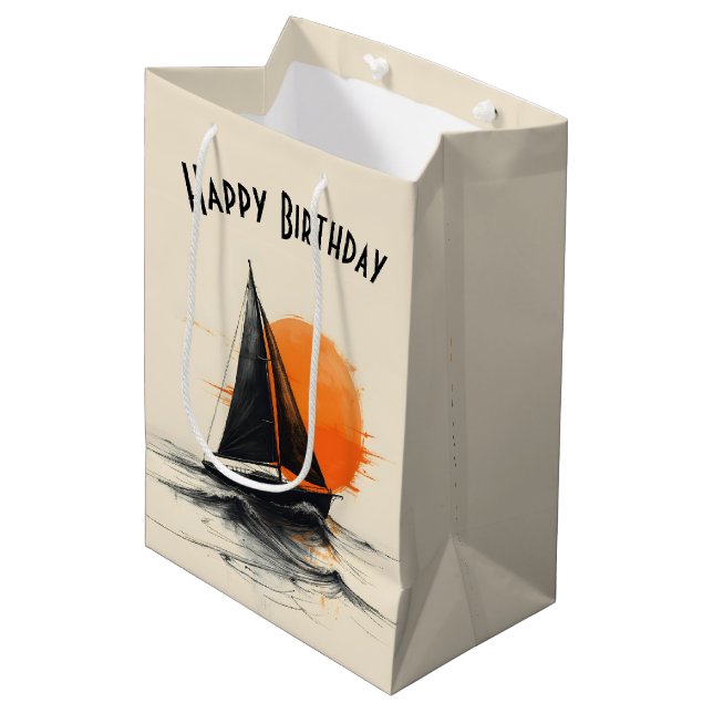 Sac Cadeau Moyen Anniversaire Sunrise Voilier Silhouette Croquis (Devant Angle)