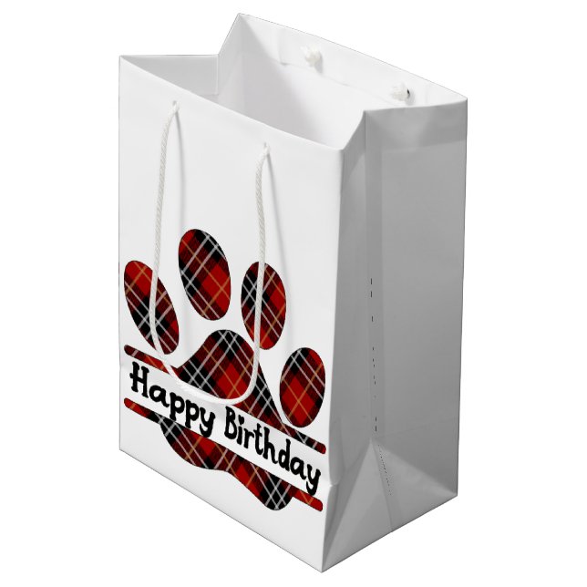 Sac Cadeau Moyen Anniversaire Tartan Plaid Empreinte de patte Sur B (Devant Angle)
