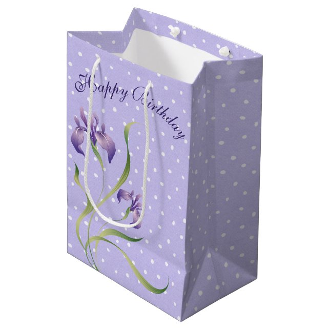 Sac Cadeau Moyen Anniversaire Violet Iris En Pois (Devant Angle)