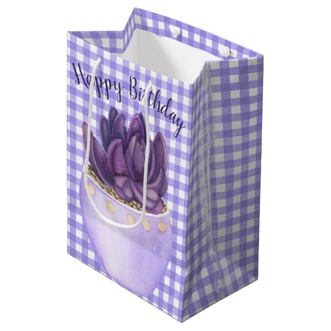 Sac Cadeau Moyen Anniversaire Violet Pot Succulent sur En vichy (Devant Angle)