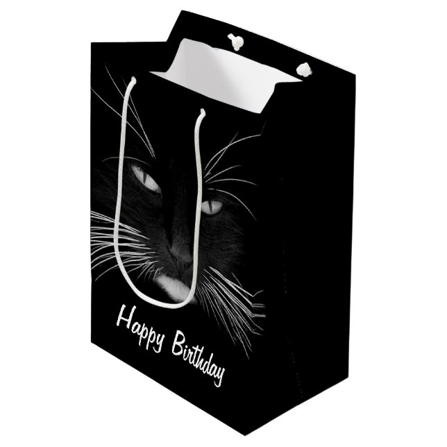 Sac Cadeau Moyen Anniversaire Visage de chat noir (Devant Angle)