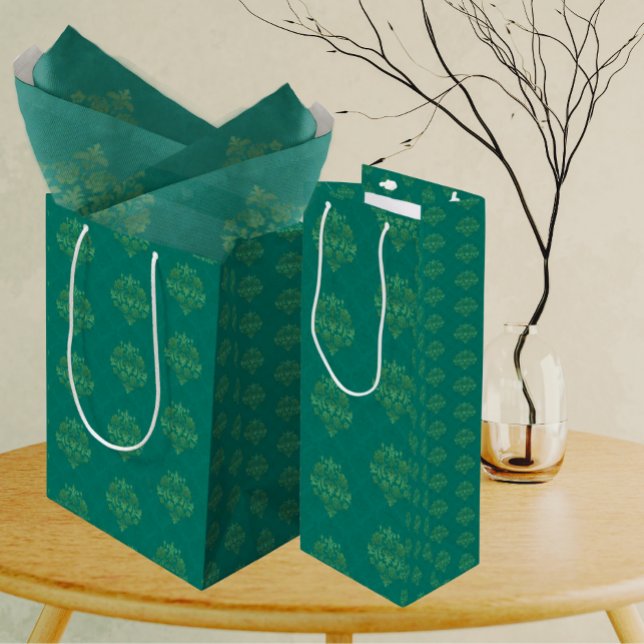 Sac Cadeau Moyen Antique Teal Green Gold Damask  (Elegant damask pattern.)