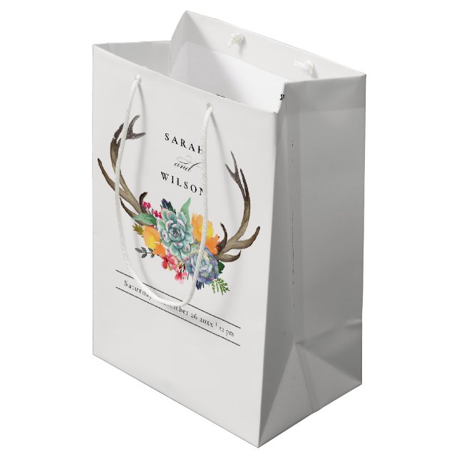 SAC CADEAU MOYEN ANTLER BOHEMIAN ALLURE MARIAGE FLORAL SUCCULENT (Devant Angle)