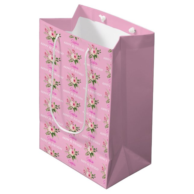 Sac Cadeau Moyen Any Birthday, Name, Pink Watercolor Flower (Devant Angle)