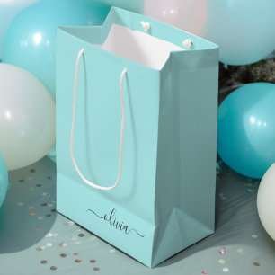 Sac Cadeau Moyen Aqua Bleu Sarcelle Moderne Écriture Féminine Monog