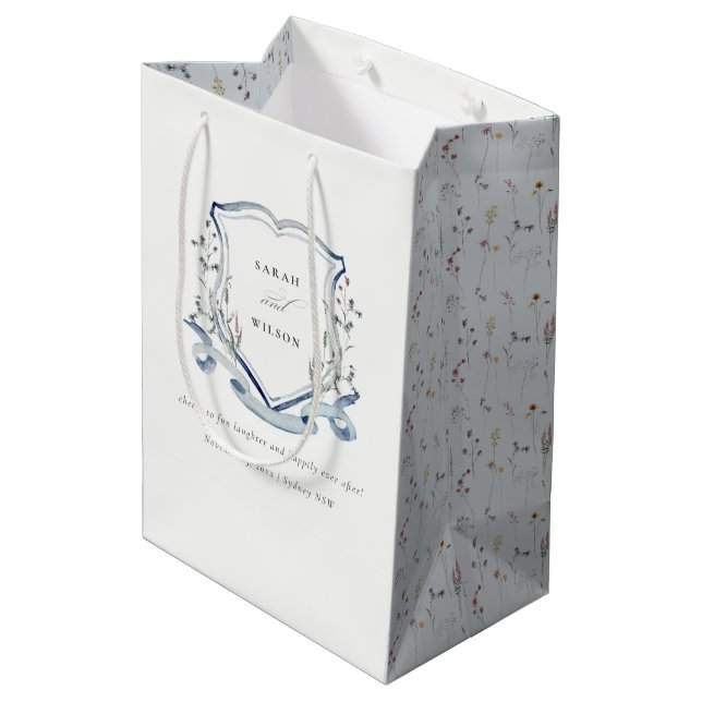 Sac Cadeau Moyen Aqua Blue Fleur sauvage Aquarelle Mariage Crest (Dos Angle)