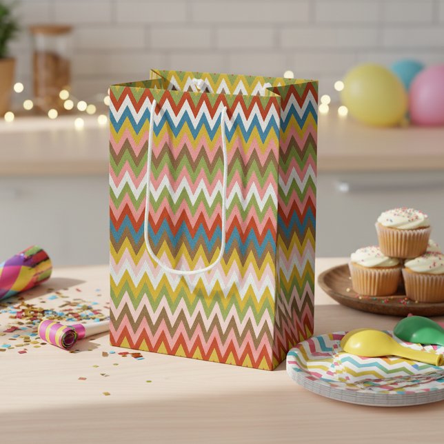 Sac Cadeau Moyen Aqua Blue Orange Rose Rouge Lime Vert Zigzag Art (Créateur téléchargé)