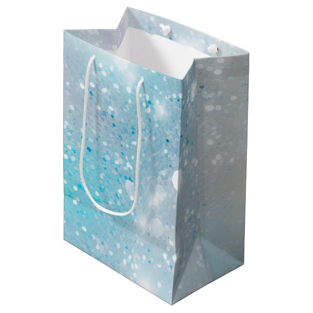 Sac Cadeau Moyen Aqua Blue White Bokeh Anniversaire (Devant Angle)