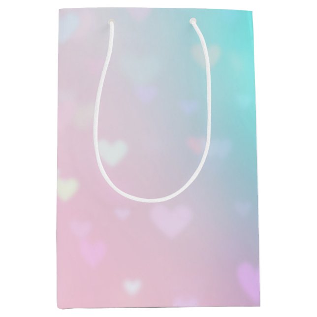 Sac Cadeau Moyen Aqua Pink Bokeh Hearts Anniversaire (Devant)