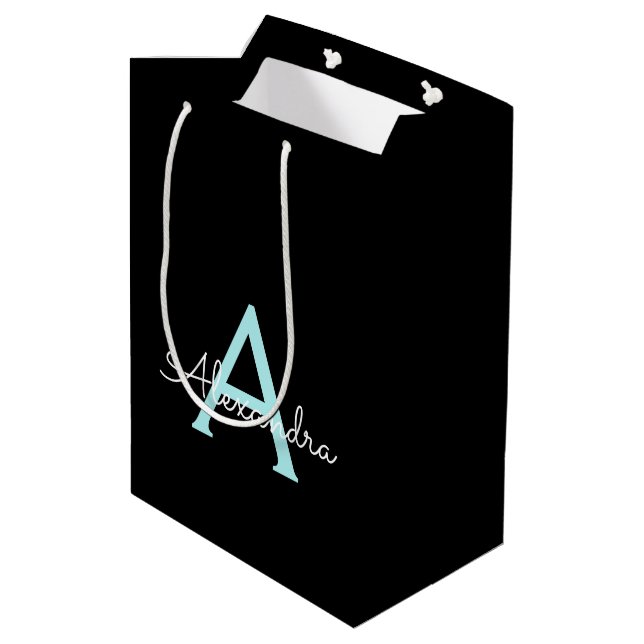 Sac Cadeau Moyen Aqua Teal Blue Script Girly Monogram (Dos Angle)