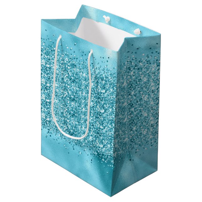 Sac Cadeau Moyen Aqua Turquoise Blue Confetti Sparkle (Devant Angle)