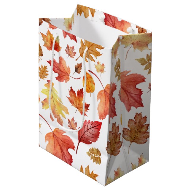 Sac Cadeau Moyen Aquarelle Automne Feuilles Automne Motif sans join (Devant Angle)