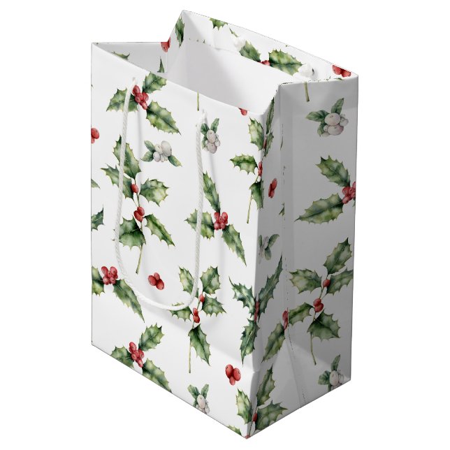 Sac Cadeau Moyen Aquarelle Baies rouges, Mistletoe et Feuilles creu (Devant Angle)