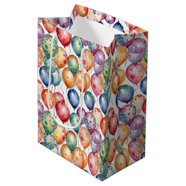 Sac Cadeau Moyen Aquarelle Ballons d'anniversaire (Devant Angle)