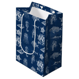 Sac Cadeau Moyen Aquarelle bleu marine Océan Animaux marins