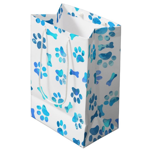 Sac Cadeau Moyen Aquarelle bleue Empreintes de pattes Anniversaire  (Devant Angle)