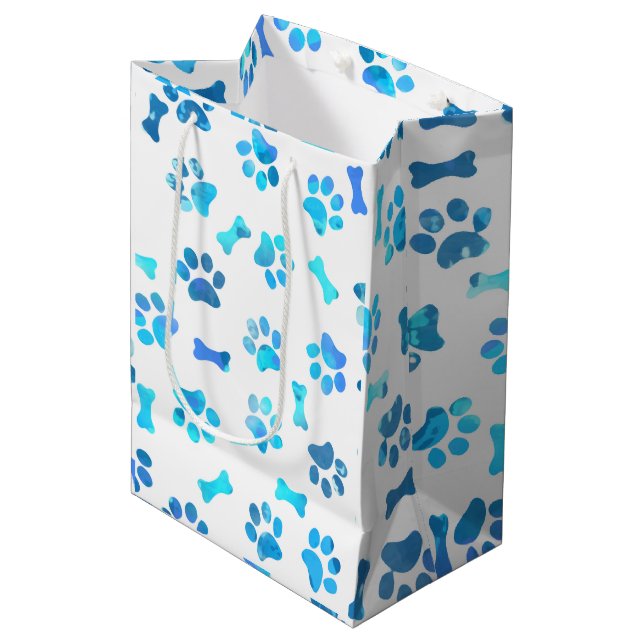 Sac Cadeau Moyen Aquarelle bleue Empreintes de pattes Anniversaire (Devant Angle)