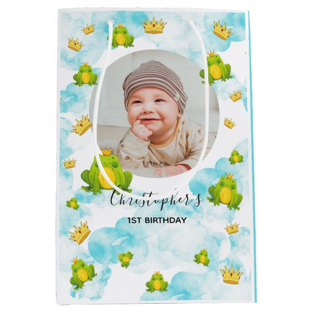 Sac Cadeau Moyen Aquarelle bleue Monarque Grenouille Bébé Photo (Devant)