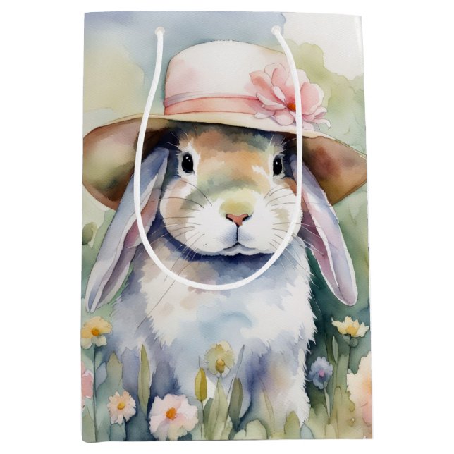 Sac Cadeau Moyen Aquarelle Bunny avec Bonnet (Devant)