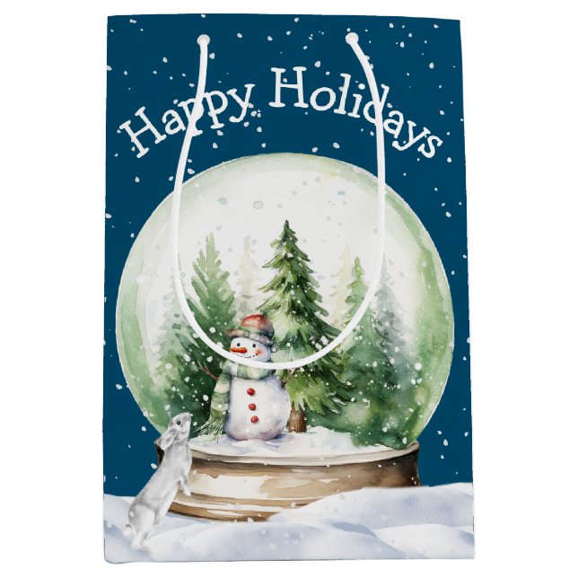 Sac Cadeau Moyen Aquarelle Bunny et Snowman (Devant)