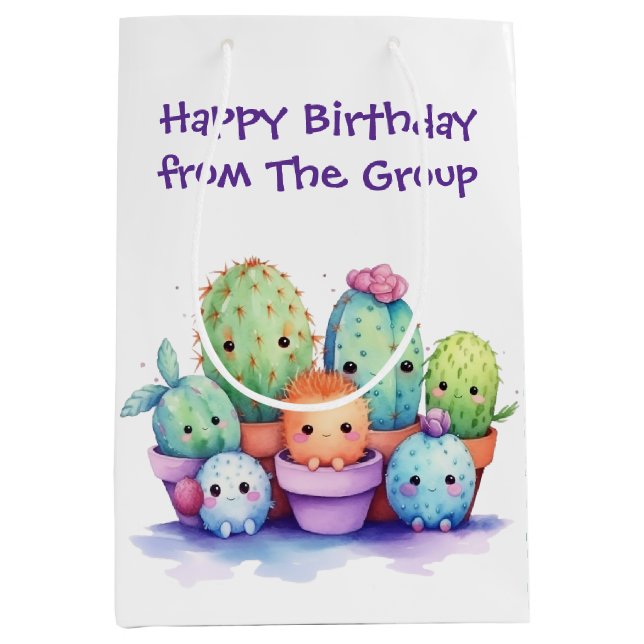 Sac Cadeau Moyen Aquarelle Cactus d'anniversaire du groupe (Devant)