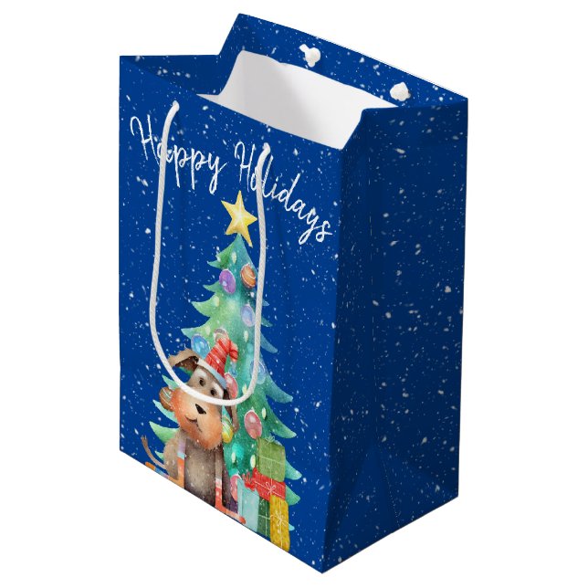 Sac Cadeau Moyen Aquarelle Chien et Arbre de Noël (Devant Angle)