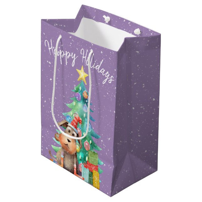 Sac Cadeau Moyen Aquarelle Chien et Arbre de Noël (Devant Angle)
