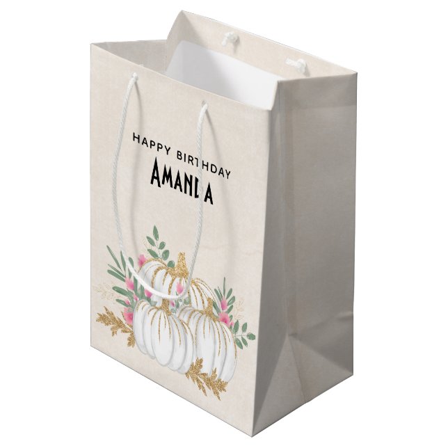 Sac Cadeau Moyen Aquarelle Citrouille blanche et or Anniversaire (Devant Angle)