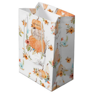 Sac Cadeau Moyen Aquarelle Citrouilles Fleurs d'automne dans Feuill