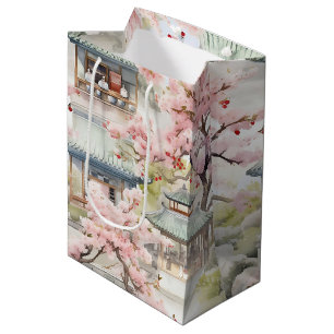 Sac Cadeau Moyen Aquarelle de la pagode asiatique au milieu des fle