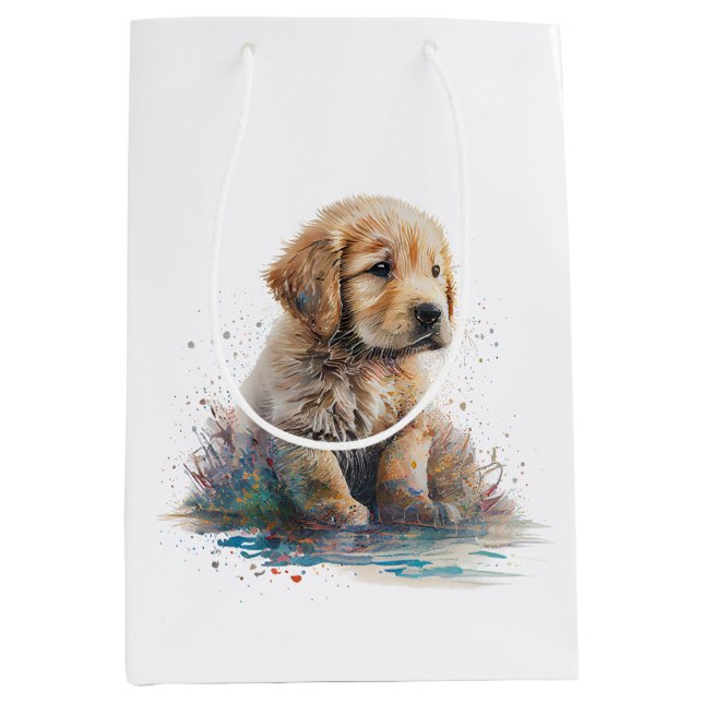 Sac Cadeau Moyen Aquarelle de marionnettes Golden Retriever AI Art (Devant)