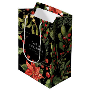 Sac Cadeau Moyen Aquarelle de Noël Floral Botanique Personnalisé