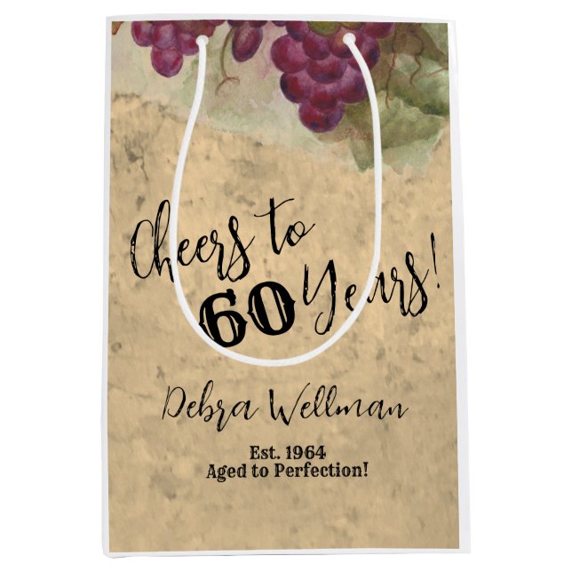 Sac Cadeau Moyen Aquarelle de vignoble rustique Cheers à 60 ans (Devant)