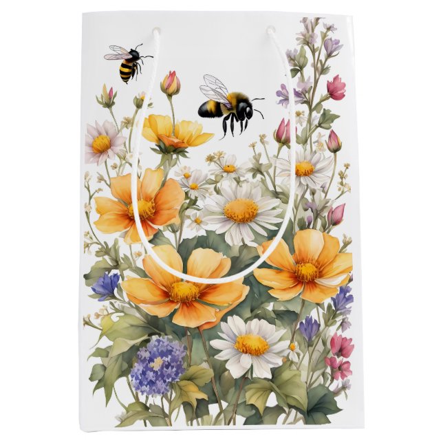 Sac Cadeau Moyen Aquarelle des abeilles fleurs sauvages et miel (Devant)