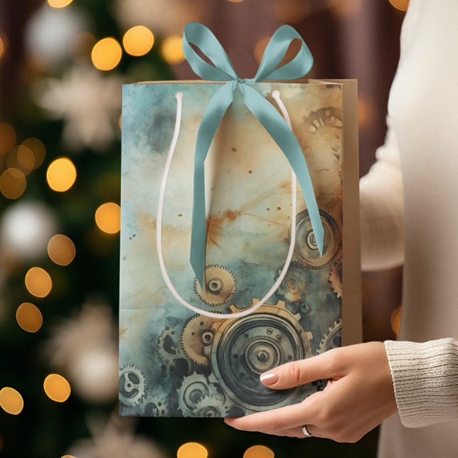 Sac Cadeau Moyen Aquarelle des engrenages Steampunk - Horloge (Créateur téléchargé)