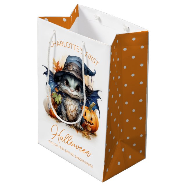 Sac Cadeau Moyen Aquarelle Dragon Bébé Personnalisable Halloween (Dos Angle)