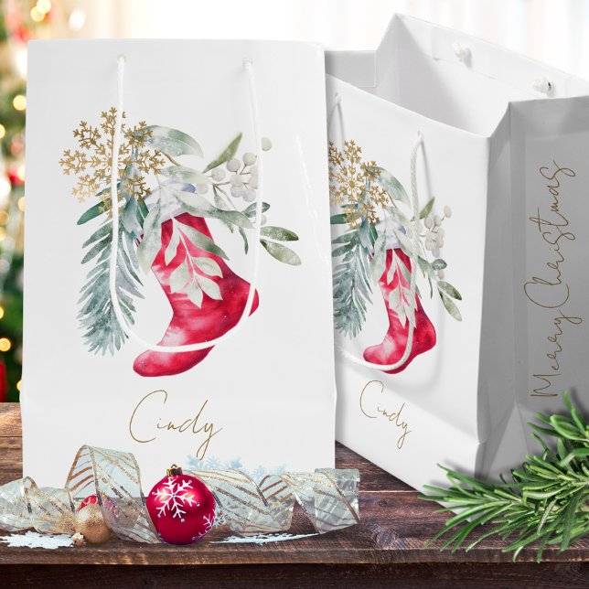 Sac Cadeau Moyen Aquarelle Élegant Chaussette Nom Script Noël (Créateur téléchargé)