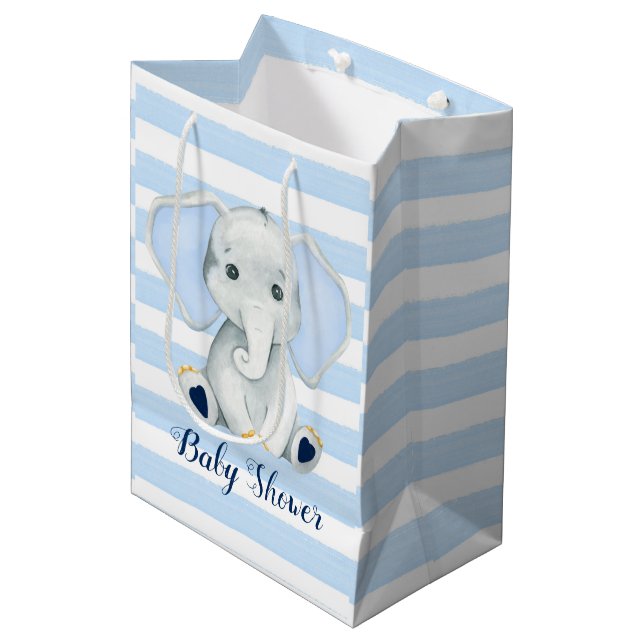 Sac Cadeau Moyen Aquarelle Elephant Avec Baby shower Bleu Stripes (Devant Angle)