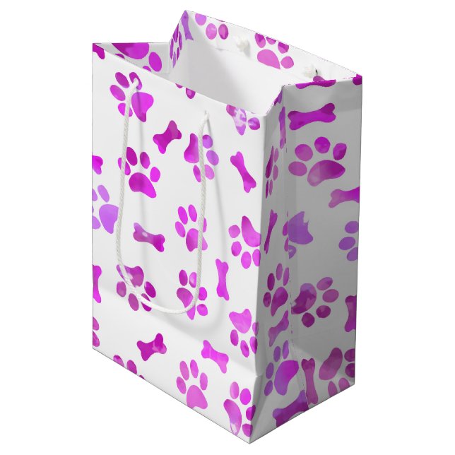 Sac Cadeau Moyen Aquarelle Empreintes de pattes roses (Devant Angle)