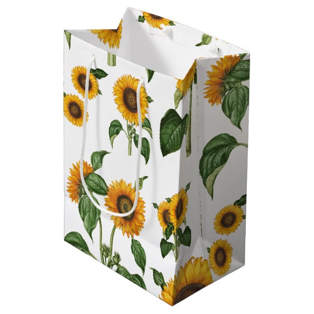 Sac Cadeau Moyen Aquarelle Fleurs de soleil Botanique Foliage Verdu (Devant Angle)