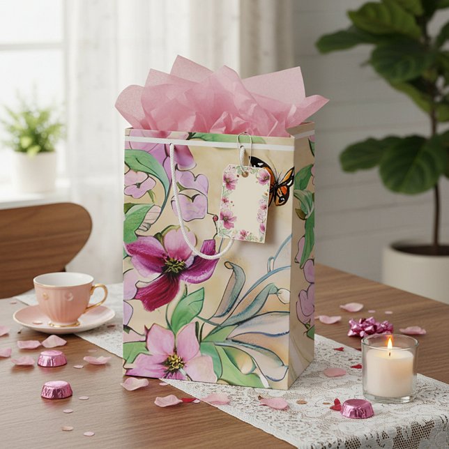 Sac Cadeau Moyen Aquarelle fleurs violettes et papillon (Créateur téléchargé)