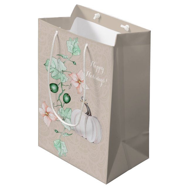 Sac Cadeau Moyen Aquarelle florale Citrouille blanche personnalisée (Devant Angle)