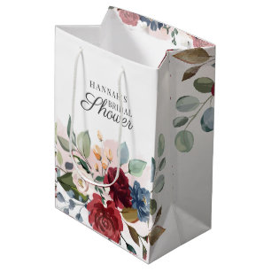 Sac Cadeau Moyen Aquarelle Florale Rose Bourgogne Fête de Mariage